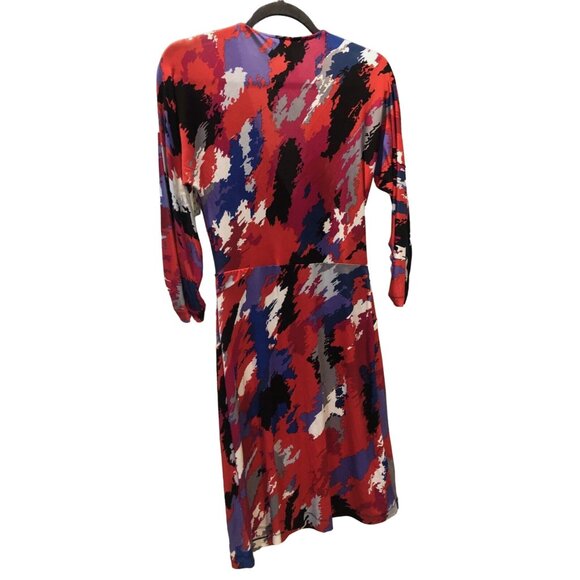 BCBGMAXAZRIA Red Blue Combo Printed Dress Women's Size Small 3/4 Sleeve V Neck E - Picture 5 of 7